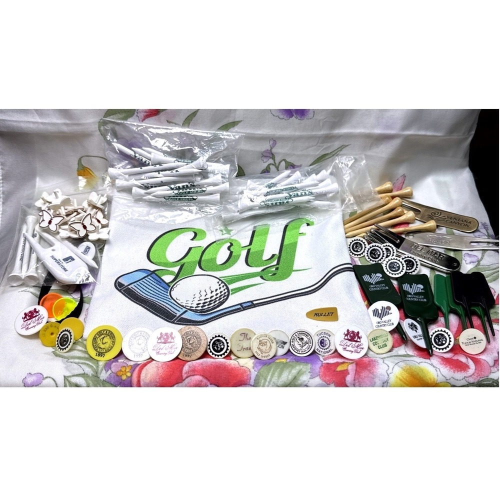 Vintage Golf Accessories Lot Bag Tees Ball Markers Divot Tools Country Clubs